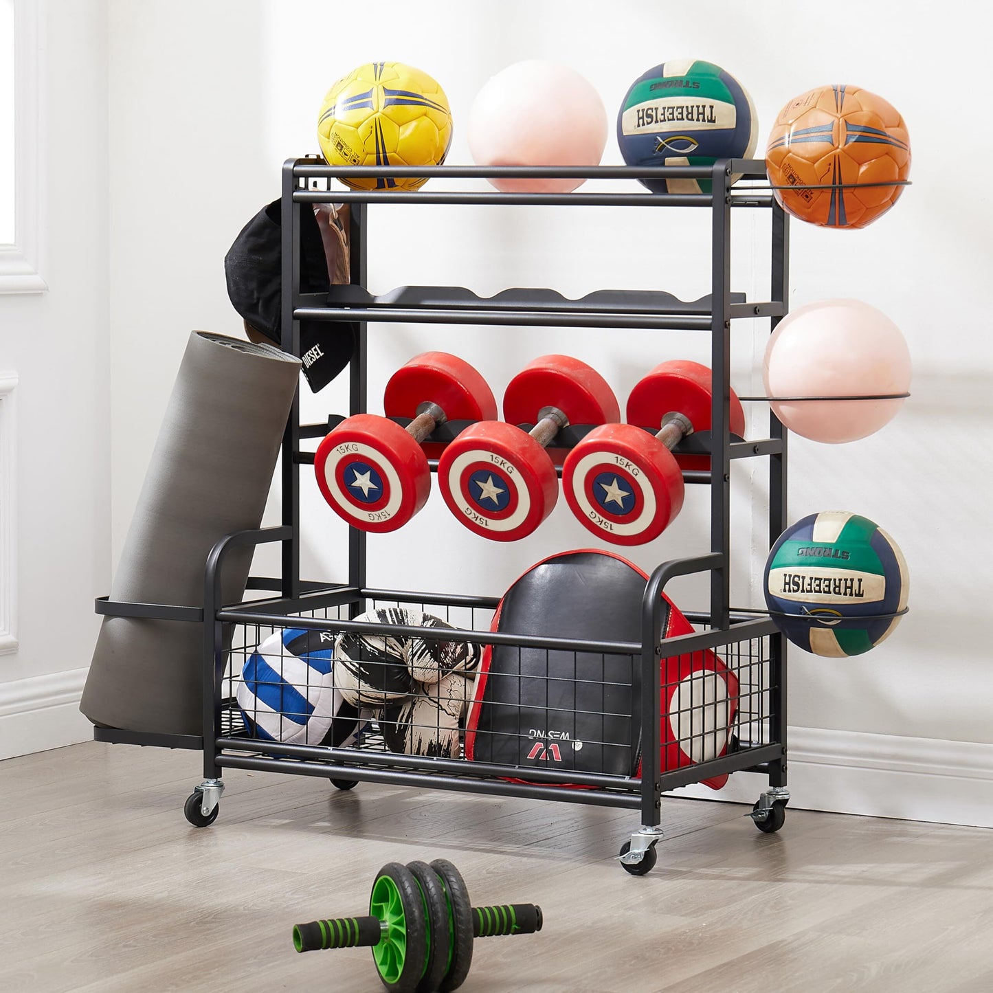 Garage Sports Equipment Organizer, Ball Storage Garage Large Capacity, Sports Organizer for Garage with Hooks and Baskets, for Soccer Ball,Toys