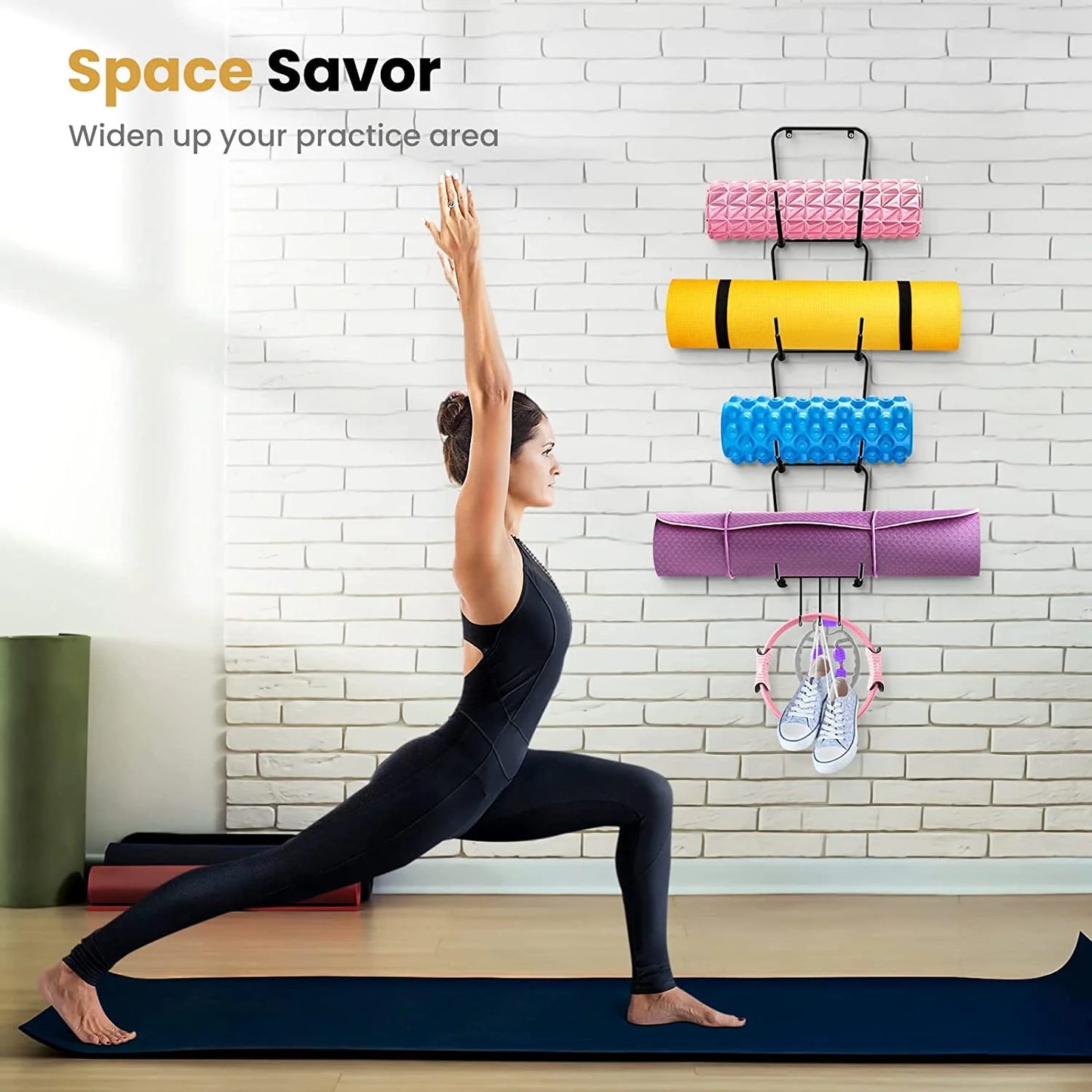 Yoga Mat Holder Wall Mount, Foam Roller Rack with 3 Hooks, 4 Sectional Metal Yoga Mat Storage